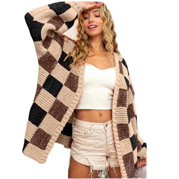 Multi Brown Black Checkered Open Front Cardigan Sweater NWT - (#0106) - Picture 1 of 8